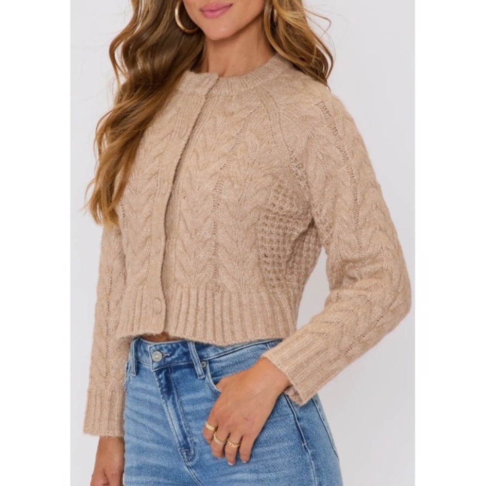 VICI Harper Cable Knit Cardigan In Taupe Tan Women Size Large Crewneck Warm Cozy - Picture 2 of 10